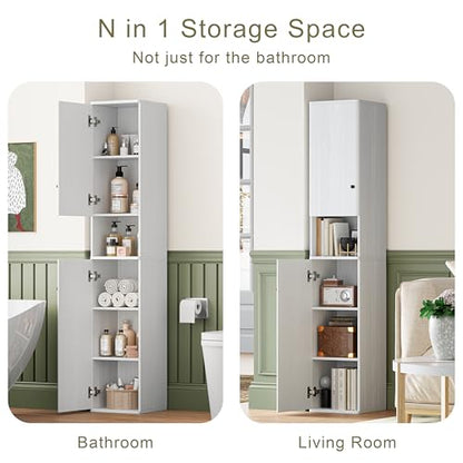 64" Narrow Bathroom Storage Cabinet with Adjustable Shelves and Drawer | 6-Tier Tall Slim Storage Cabinet,Anti-Tip Kit Included,Freestanding Cupboard for Small Spaces, Hallway,White