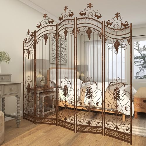 Deco 79 Metal Room Divider Screen 80" x 1" x 80", Satin Bronze | More privacy, room divider screens with scrollwork, 5-panel privacy panel, adjustable levelers