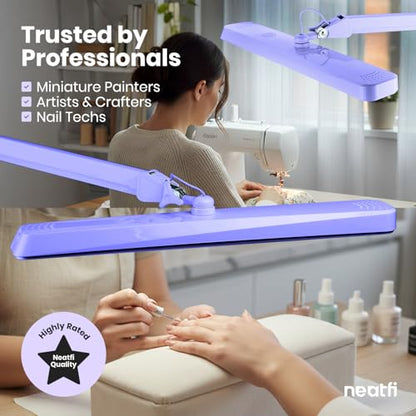 Neatfi XL 2,500 Lumens 30W LED Task Lamp for Manicure Table, Crafts, Workbench, Office – 22” Wide Shade Desk Light | Eye-Caring 6500K | 4-Level Brightness (Lavender, Non-CCT with Clamp) - color: Lavender