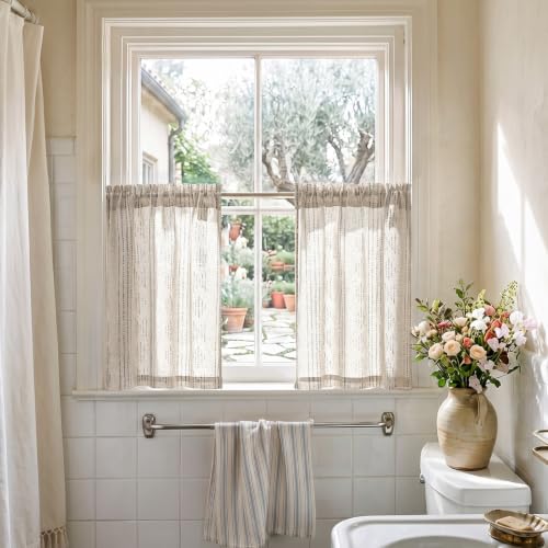 jinchan Boho Kitchen Curtains Linen Tier Curtains 24 Inches Bohemian Cafe Small Drapes Gray Striped Mudcloth Farmhouse for Bathroom RV Camper Light Filtering Rod Pocket 2 Panels Grey on Beige | 24 Inch 2 Panels Grey on Beige, Mudcloth Inspired Design, Lig
