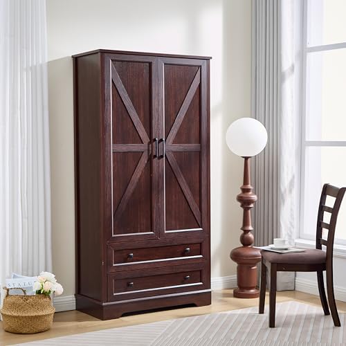 SOOWERY Farmhouse Dresser for Bedroom, Tall Chest of Drawers, Dark Cherry | 2-Drawer Wood Dresser, Barn Door Style Storage Cabinet, Multiple Storage Options, 71" Height - color: Dark Cherry, size: 15.8"D x 34.4"W x 70.9"H (2 Drawers)