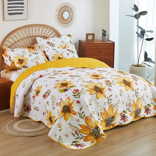EVENHUG 100% Cotton Quilt Set Twin Size Yellow Sunflower Floral Bedding Sets with Pillow Shams Breathable Lightweight Bedspreads Coverlet for All Season 3 Piece (68"x86") - color: Yellow, size: Twin