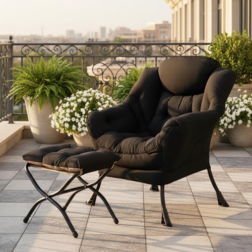 Lazy Chair with Ottoman, Comfy Reading Accent Chair, Velvet Black | Foldable Footrest, Padded Seat and Backrest, Side Pocket for Lounging in Living Rooms, Bedrooms, Dorms and Small Spaces - color: Black