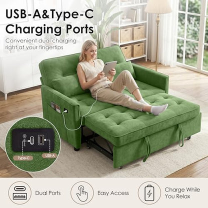 Dreamzie 55'' 3 in 1 Convertible Sofa Bed with USB Charging Ports, Pull Out Couch with Adjustable Backrest and Side Pockets, Sleeper Sofa for Living Room, Apartment, RV, Easy Assembly - Green - color: Green
