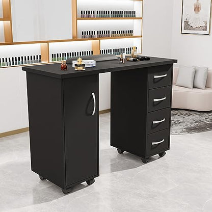 OmySalon OmySaon Manicure Table Nail Desk w/Cabinet, Drawers, Wheels & Wrist Rest, Spa Salon Beauty Home Wooden Technician Workstation Nail Art Equipment for Nail Tech, Black - color: Black