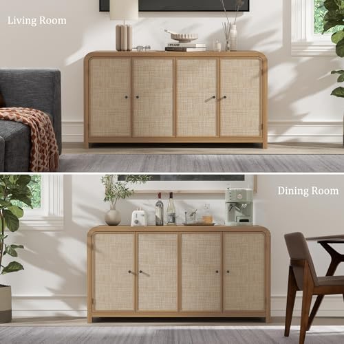 Oak&Sparrow Oak Rattan Sideboard Buffet Cabinet, 60'', 4 Doors | Boho Style, Adjustable Shelves, With Storage, For Living Room, Hallway & Kitchen - color: Natural Oak