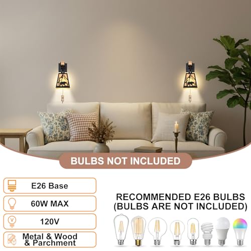 Wall Sconce Plug in,Bear Matte Metal Rustic Sconces,1 Pack Farmhouse Yellow Parchment Paper Shades Wall Lamp Plug in with Wood Arm,E26 Base Indoor Light for Bedside,Living Room,Bedroom,Hallway - color: Bear-Yellow