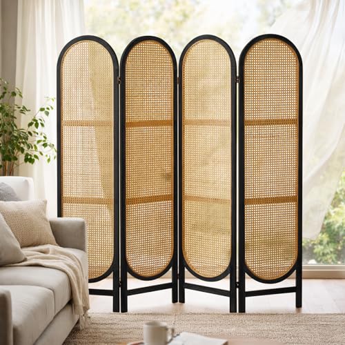 4 Panel Room Divider, Hand-Woven Rattan Room Divider Screen, Folding Privacy Screens with Double Hinges, Wooden Freestanding Wall Divider for Room Separation Bedroom Home Office - Black - color: 4 Panels Black, size: 4 Panels