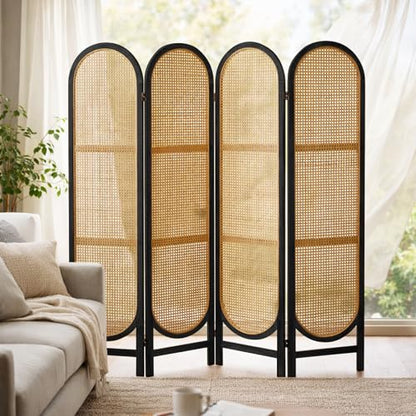 4 Panel Room Divider, Hand-Woven Rattan Room Divider Screen, Folding Privacy Screens with Double Hinges, Wooden Freestanding Wall Divider for Room Separation Bedroom Home Office - Black - color: 4 Panels Black, size: 4 Panels