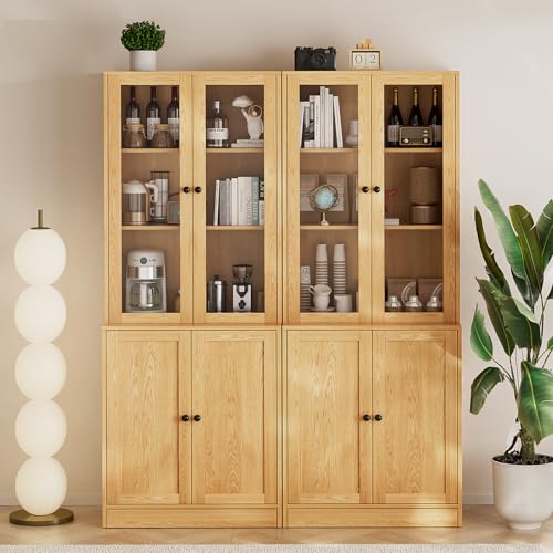 TUSY 71" TV Stand Storage Set - 2 Tall Bookcases & 2 Side Cabinets, Media Console with Glass & Wood Doors, Entertainment Center with Drawers, Tall Media Console for Living Room (Wood, AFFA) - color: Wood