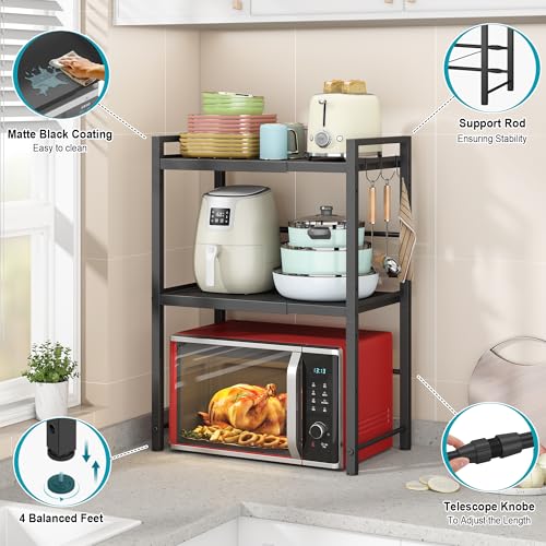 DOLALIKE Microwave Oven Rack, Expandable Microwave Stand Countertop Kitchen Utensils Tableware Storage, Carbon Steel Over Microwave Shelf Countertop with 3 Hooks | Adjustable Microwave Oven Rack Metal Storage Shelf with 3 Hooks for Pans Small Appliances K