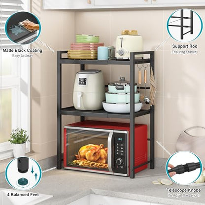 DOLALIKE Microwave Oven Rack, Expandable Microwave Stand Countertop Kitchen Utensils Tableware Storage, Carbon Steel Over Microwave Shelf Countertop with 3 Hooks | Adjustable Microwave Oven Rack Metal Storage Shelf with 3 Hooks for Pans Small Appliances K