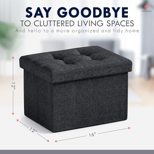 Ornavo Home Small Rectangle Storage Ottoman, Linen, 12x16x12, Black | Collapsible Cube Design; Foot Rest Stool Seat; Ideal for Living Room, Bedroom, Home Office or Dorm - color: Black