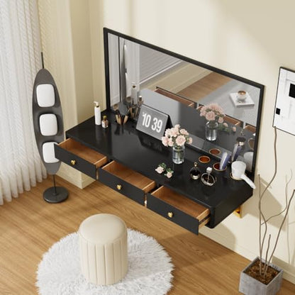 47" Floating Shelf with Drawer, Multi-Purpose Wall-Mounted Vanity Table, Mounted Desk, Floating Table for Bedroom, Bathroom, Hairdressers, Black and Golden (Black + MDF+Glass + 3 Drawers)