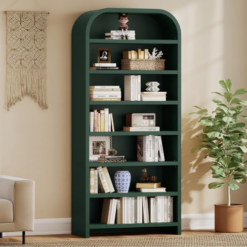 LEVNARY 70" Tall Arched Bookcase, 7-Tier Freestanding Storage Cabinet with Adjustable Shelves, Thick MDF Bookshelf for Bathroom Living Room Bedroom (Green) - color: Green