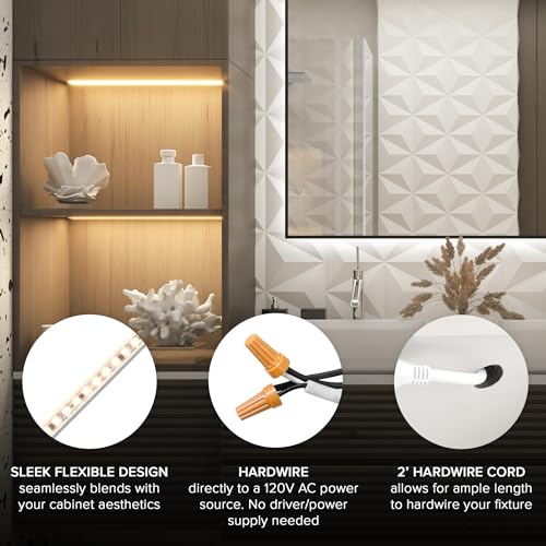 Maxxima 18 in. Hardwired LED Under Cabinet Strip Light, 690 Lumens, 3000K | Warm White, Kitchen and Living Room 120V White Cove Lighting, No Power Supply Needed - size: 18 Inch