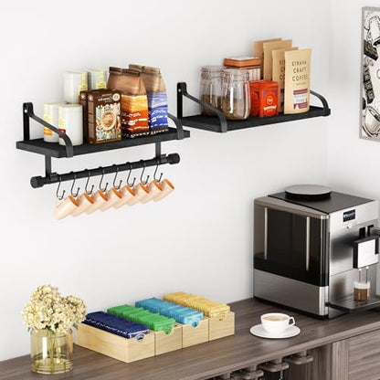 Love-KANKEI 17.3"Floating Wall Shelves Set of 2,Solid Wood,Coffee Bar,Black | Spice Rack,Towel Bar/8 Hooks,39 Lbs/shelf,Easy to Install,For Kitchen,Bathroom,Living Room,Bedroom,Office,Entryway Display - color: Black