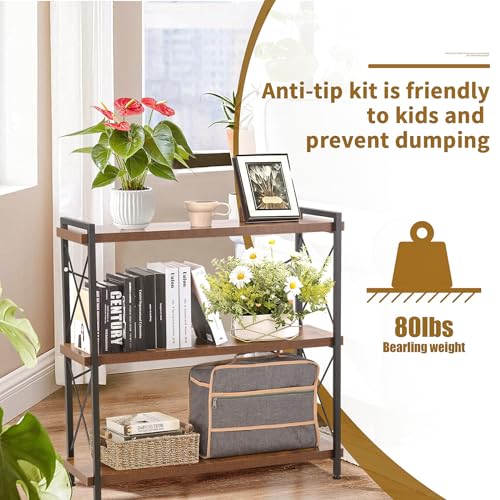 3 Tier Bookshelf, Open 3 Shelf Short Bookcase, Rustic Shelves with Metal Frame, Industrial Book Shelf for Bedroom Home Office Living Room, Rustic Brown