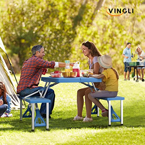 VINGLI 4 Ft Camping Picnic Table Set with 4 Seats with Umbrella Hole Folding Lightweight Suitcase Card Table-220 Lbs Support Aluminum Frame, Plastic RV Tabletop for Barbecue,Travel,Outing,Gathering - color: Blue