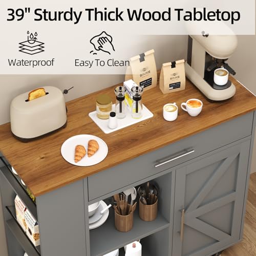 Kitchen Island with Storage, 39 Inch Rolling Kitchen Island on Wheels, Grey | 3-Tier Spice Rack, Drawer Storage, Adjustable Shelf & Towel Rack, Casters, Mobile Island Table for Kitchen, Dining Room - style: GREY