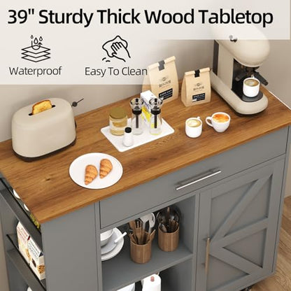 Kitchen Island with Storage, 39 Inch Rolling Kitchen Island on Wheels, Grey | 3-Tier Spice Rack, Drawer Storage, Adjustable Shelf & Towel Rack, Casters, Mobile Island Table for Kitchen, Dining Room - style: GREY