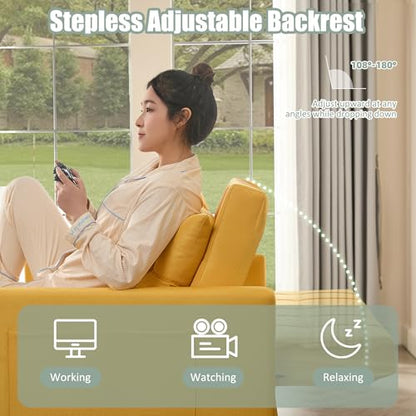 GOSUHI 52" 3-in-1 Convertible Sleeper Sofa Bed, Linen, Yellow | Pull-Out Bed, Stepless Adjustable Backrest, Side Pocket, Compact Loveseat, Living Room, Dorm & Apartment - color: Yellow