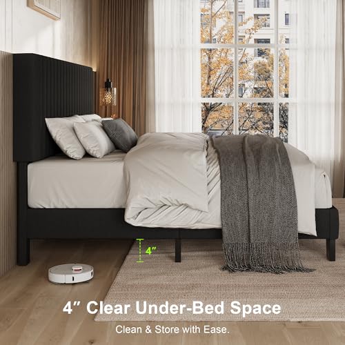 Einhomn Queen Size Bed Frame with Headboard, Upholstered Linen Platform Bedframe with Solid Wooden Slats, Noise-Free, No Box Spring Needed, Easy Assembly, Black - color: Black, size: Queen