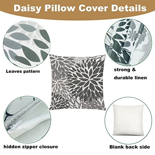 COMMINY Grey Pillow Covers 18x18 Set of 6 Decorative Daisy Flower Throw Pillow Cover for Couch Modern Cushion Cover for Patio Living Room Cushion Bed Farmhouse Home Decor | Flower Bloom, Farmhouse Cushion Cover, Breathable Linen, Standard Throw Pillow Siz