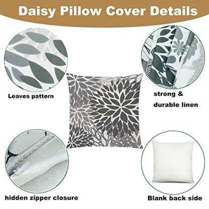 COMMINY Grey Pillow Covers 18x18 Set of 6 Decorative Daisy Flower Throw Pillow Cover for Couch Modern Cushion Cover for Patio Living Room Cushion Bed Farmhouse Home Decor | Flower Bloom, Farmhouse Cushion Cover, Breathable Linen, Standard Throw Pillow Siz