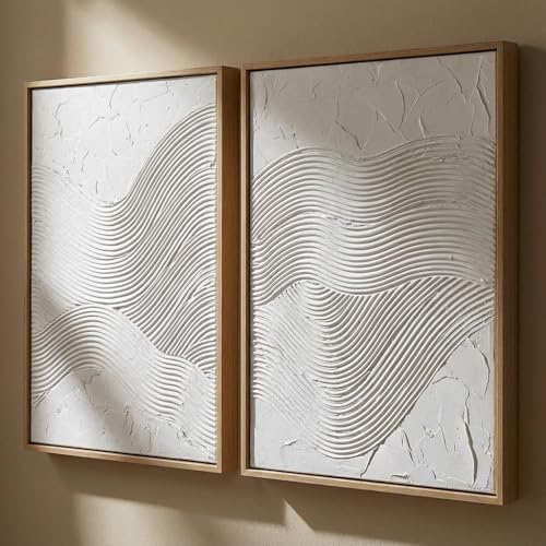Artiluxy 3D Minimalist Textured Abstract Wall Art Set of 2, Neutral | 16 x 20 in Each Framed Raised Plaster Art Ready to Hang for Living Room Bedroom or Entryway - color: White A