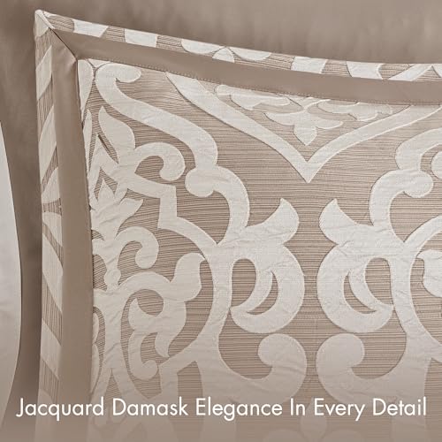 Madison Park Odette Cozy Comforter Set Jacquard Damask Medallion Design - Modern All Season, Down Alternative Bedding, Shams, Decorative Pillow, King(104 in x 92 in), Tan 8 Piece | All Season Down Alternative Bedding with Comforter, Shams, Bed Skirt, Deco