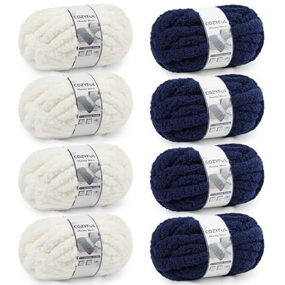 Cozyful Chunky Yarn for Hand Knitting - #10 Chunky Chenille Yarn, Jumbo Big Thick Chunky Yarns for Crocheting, Super Bulky Chunky Knit Blanket Yarns, 8 Skein (22yd, 8oz/Skein), Cream & Navy - color: Cream & Navy