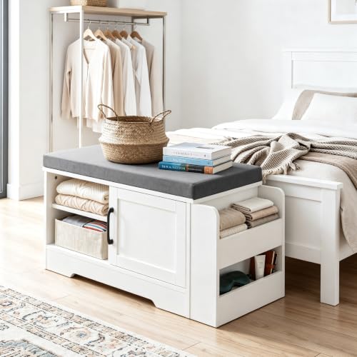 Farmhouse Shoe Storage Bench with 3-in-1 Entryway Storage & Padded Seat | 27.8" Wide Entryway Bench with Adjustable Shelves, Shoe Organizer & Side Storage Rack for Living Room, Bedroom, White - size: 27.8" Wide