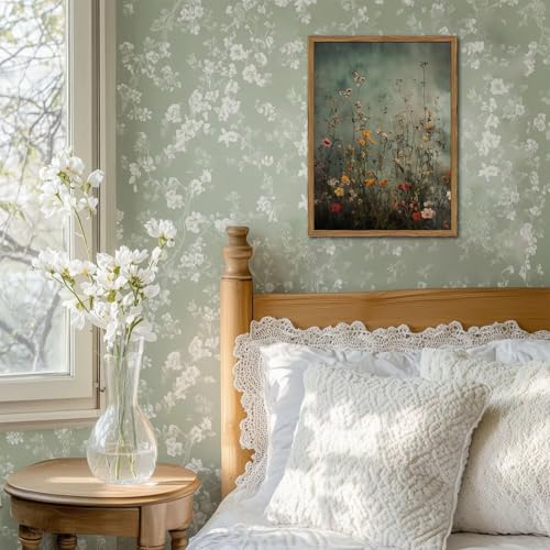 Vintage Wildflower Wall Art, Green Flower Wall Decor Painting, Hand Drawn Sandstone 3D Textured Farmhouse Botanical Nature Landscape Artwork for Living Room Bedroom 12x16 inch Wood Framed - color: Green flowers, size: 16"L x 12"W