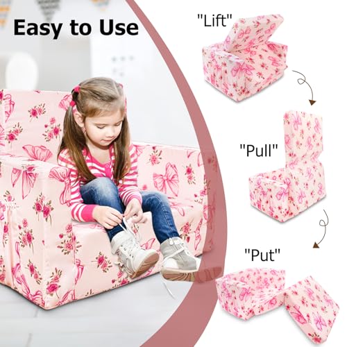 Kids Couch, 2-in-1 Kids Fold Out Couch | Convertible Sofa to Lounger for Girls and Boys, Soft Toddler Chairs Comfy 1-3 Years Old, Pink Bow - color: Pink Bow