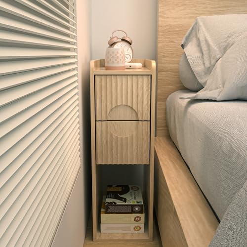Small Fluted Nightstand Set of 2, Wood 2 Drawer Narrow Nightstand, Slim Side Table, Modern Boho End Bedside Table, Natural Wood Night Stand with Drawers for Bedroom, Living Room, Natural - color: Natural-2 Pcs