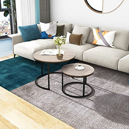 HOMERECOMMEND Round Coffee Table Set of 2 for Living Room,Natural Wood | Round Table with Solid Powder-Coated Metal Frame,round nesting coffee table set of 2 - color: Oak