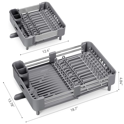 Urackify Extendable Stainless Dish Drying Rack for Kitchen Counter, Gray | 13.78"W x 18.7"L, Foldable Drainboard for Space Saving, Knife and Utensil Holder, Fast-draining Spout - color: Gray