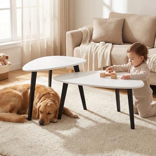 Nesting Coffee Table Set of 2-Mid Century Moder Coffee Table | Guitar Pick Stacking Tables with Solid Wood Legs,Small Coffee Tables for Small spaces,Living Room,Balcony - color: White