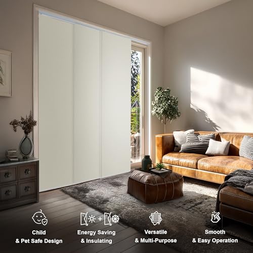 CHICOLOGY Panel Track Blinds, Ivory, 86"x96", Cordless, Sliding Glass Door | 4 Fabric Panels, Fits 46–86″ Wide, Wall/Ceiling Mount, Room Divider Ready, Height Trimmable, Child & Pet Safe - color: Movie Night Ivory