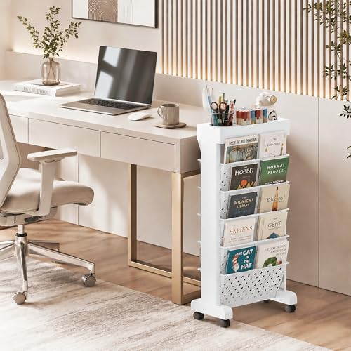 6-Tier Rolling Bookshelf Magazine Rack with Wheels White | Mobile Bookcase, Book Storage File Folder Organizer Cart for Home Study Office Living Room Classroom - color: White, size: 6-Tier 30.5"H