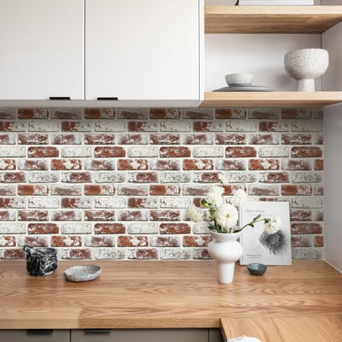 3D Faux Brick Wall Panels Peel and Stick,10 Pcs of 12"X12",Small Size Self Adhesive Brick Wallpaper Background for Interior Wall Decor, Whitewash Red - color: Whitewash Red