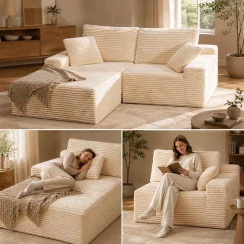 75" Cloud Modular Boneless Couch, Left Facing L-Shaped Chaise Sectional Sofa - No Assembly Required, Plush Corduroy & Memory Foam, for Living Room Bedroom Apartment (Beige) | Left Facing Chaise,No Assembly,Corduroy Fabric, High-Density Foam, Dorm Room, Ap
