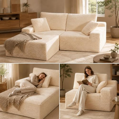 75" Cloud Modular Boneless Couch, Left Facing L-Shaped Chaise Sectional Sofa - No Assembly Required, Plush Corduroy & Memory Foam, for Living Room Bedroom Apartment (Beige) | Left Facing Chaise,No Assembly,Corduroy Fabric, High-Density Foam, Dorm Room, Ap