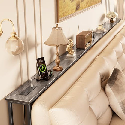 Huuger 118 Inch Sofa Table with Power Outlets, Skinny Behind Couch Table | 5.9 Inch Narrow Entryway Table, Extra-Long Console Table, Behind the Couch Table with Outlet for Living Room, Grey - color: Charcoal Grey, size: 5.9"D × 118.1"W × 29.7"H
