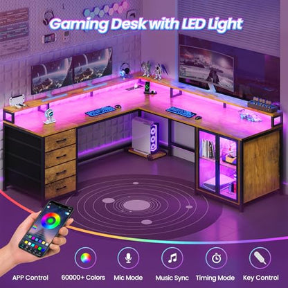 SEDETA L Shaped Gaming Desk with 4 Drawers, 109” Computer Desk with Display Cabinet, Home Office Desks with 2 Monitor Stands, CPU Stand, LED Lights and Power Outlet, Rustic Brown - color: Rustic Brown