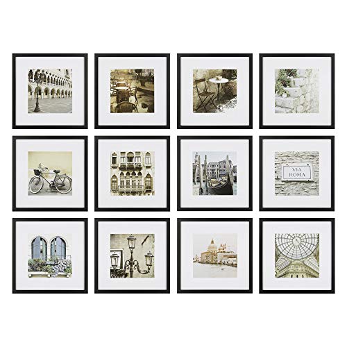 Gallery Perfect 12-Piece Black Photo Frame Set with Hanging Template - 12x12 Picture Frame Matted to 8x8 - Gallery Wall Kit - color: Black