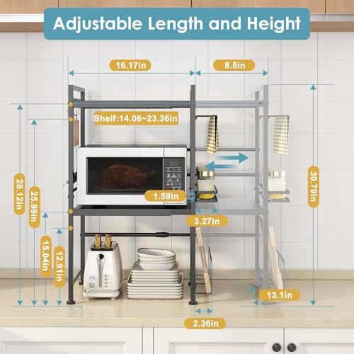 DOLALIKE Microwave Oven Rack, Expandable Microwave Stand Countertop Kitchen Utensils Tableware Storage, Carbon Steel Over Microwave Shelf Countertop with 6 Hooks | Adjustable Microwave Oven Rack Metal Storage Shelf for Pans Small Appliances Kitchen Utensi