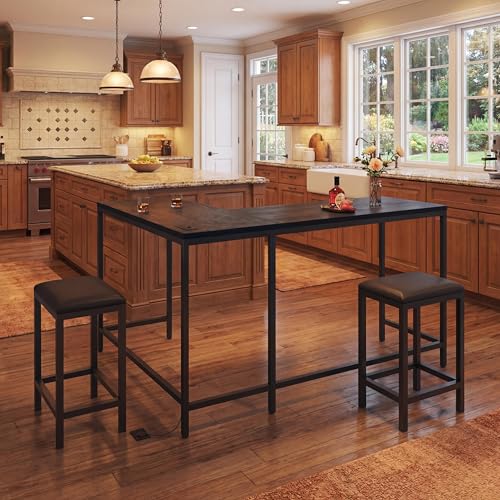 Bar Table and Chairs Set, 63'' L-Shaped Bar Table with 2 Stools, Counter Height Kitchen Table with Built-in Power Outlets, Left/Right/Straight Convertible Design, Faux Leather Upholstered Seating - color: Black