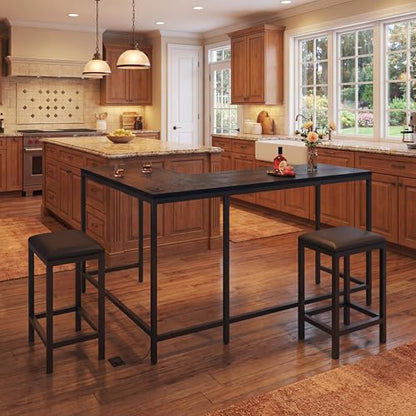 Bar Table and Chairs Set, 63'' L-Shaped Bar Table with 2 Stools, Counter Height Kitchen Table with Built-in Power Outlets, Left/Right/Straight Convertible Design, Faux Leather Upholstered Seating - color: Black
